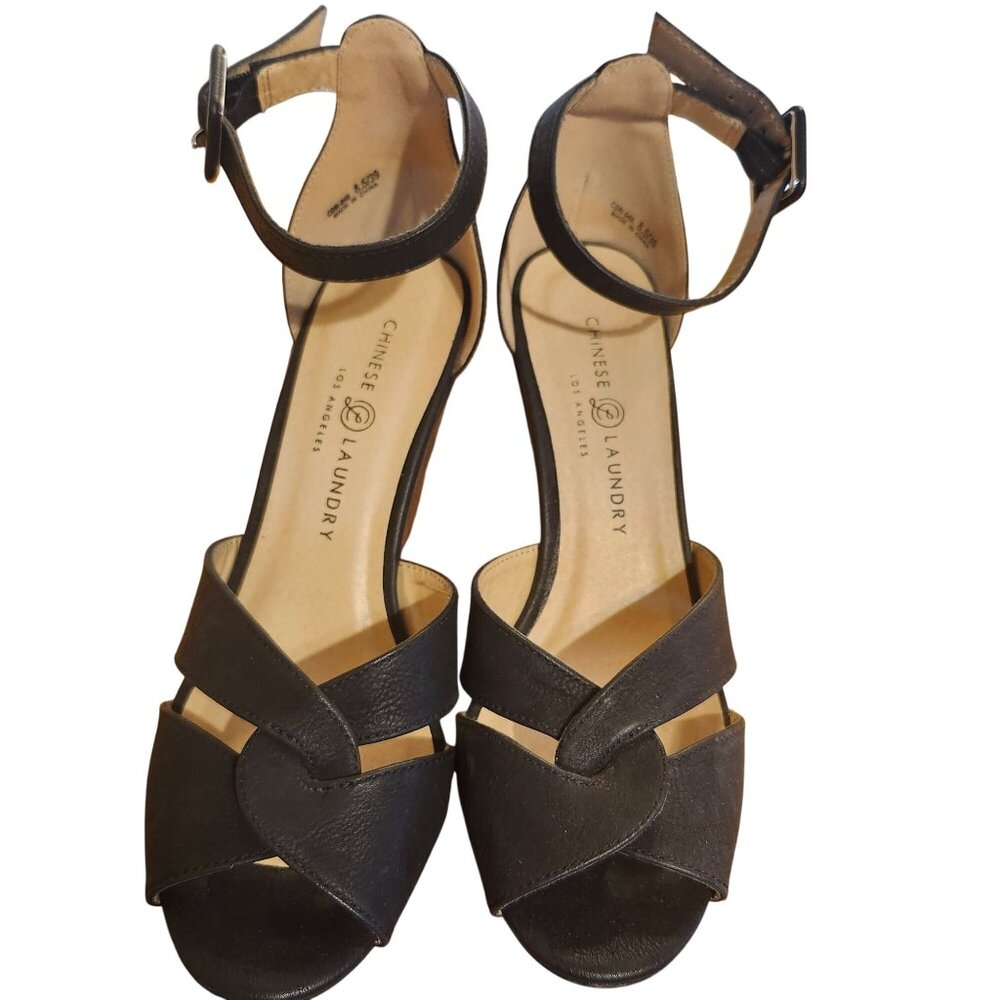 Chinese Laundry Women’s Size 8.5 Calais Black Wedge Sandals Ankle Strap Heels